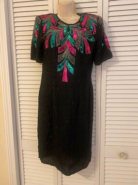 VTG 80s Black Silk Beaded Sequin Dress Party Cocktail Casino Showgirl Costume